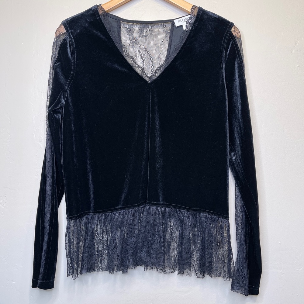 Allison NY | Velvet Lace Long Sleeve V-Neck Peplum Dark Academia Blouse - Picture 4 of 14